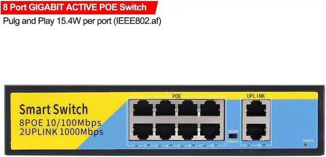 Alt view image 2 of 7 - BONAEVER 10-Port PoE Switch Gigabit Ethernet 2 Port Uplink 802.3AT/AF 120W Cat5 Unmanaged Metal Smart Desktop Network Power Over Ethernet Injector