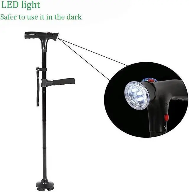 Alt view image 5 of 6 - BONAEVER Folding Cane with LED Light Adjustable Canes Walking Sticks for Seniors Walking Cane Standick for Men Women with Cushion 2 T Handle Pivoting Quad Base