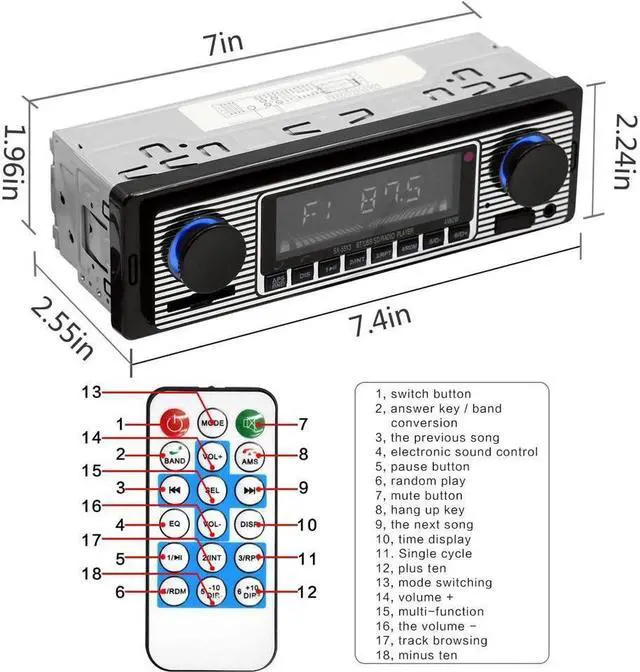 Alt view image 4 of 7 - BONAEVER Bluetooth Vintage Car Standereo MP3 Player Dual Knob Audio Classic Standereos USB/SD/MP3/AUX FM WMA/WAV Radio Receiver H s Free Wireless Remote Control