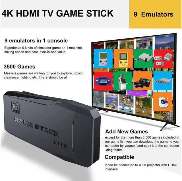 Alt view image 3 of 7 - BONAEVER Classic Retro Game Console with Two 2.4G Wireless Controllers for 4K TV Built-in Video Game Console 32GB TF Card 3500 Classic Games HDMI Compatible