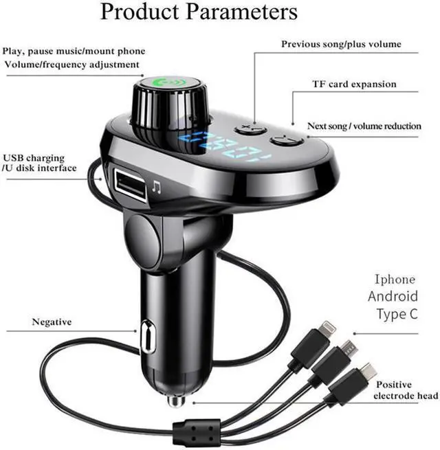Alt view image 3 of 6 - BONAEVER 3.1A Car Charger Built-in 3 USB Ports Charging Data Cable Bluetooth 5.0 FM Transmitter Wireless H sfree Auto Audio Receiver MP3 Player Fast Charger Gold