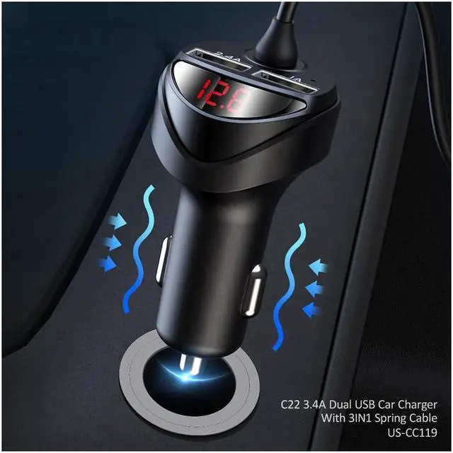 Alt view image 2 of 6 - BONAEVER 3 in 1 3.4A Dual USB Car Charger With Spring Cable Dual USB Fast Charger Type C PD Car Charging