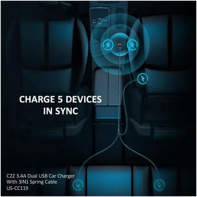 Alt view image 4 of 6 - BONAEVER 3 in 1 3.4A Dual USB Car Charger With Spring Cable Dual USB Fast Charger Type C PD Car Charging