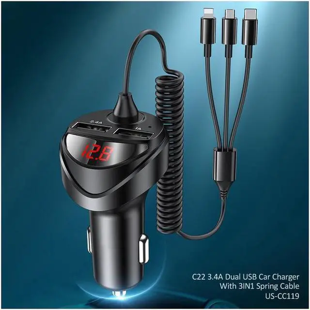 Alt view image 3 of 6 - BONAEVER 3 in 1 3.4A Dual USB Car Charger With Spring Cable Dual USB Fast Charger Type C PD Car Charging