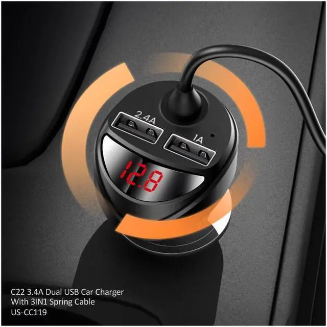 Alt view image 5 of 6 - BONAEVER 3 in 1 3.4A Dual USB Car Charger With Spring Cable Dual USB Fast Charger Type C PD Car Charging