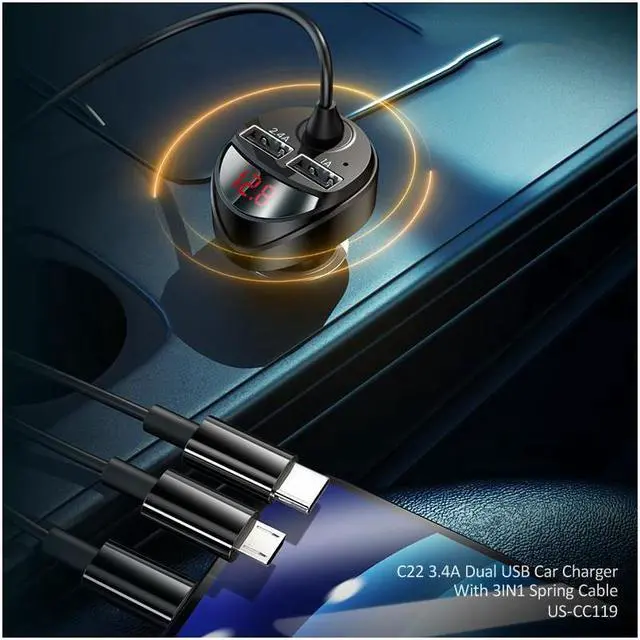 Alt view image 6 of 6 - BONAEVER 3 in 1 3.4A Dual USB Car Charger With Spring Cable Dual USB Fast Charger Type C PD Car Charging