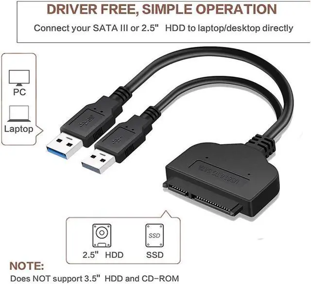 Alt view image 2 of 7 - USB 3.0 to SATA 22pin Data Power Cable Adapter for Laptop HDD 2.5 inch HDD or SSD Hard Disk Drive Black