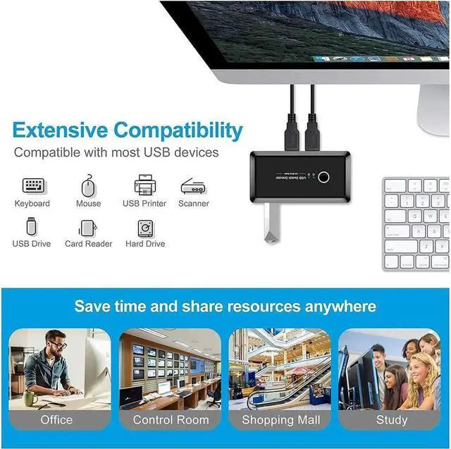 Alt view image 3 of 6 - BONAEVER USB Switcher Selector 4 Port 2 Computers USB 2.0 Peripheral Switcher Adapter Hub for PC Printer Scanner Mouse Keyboard with One Button Switch