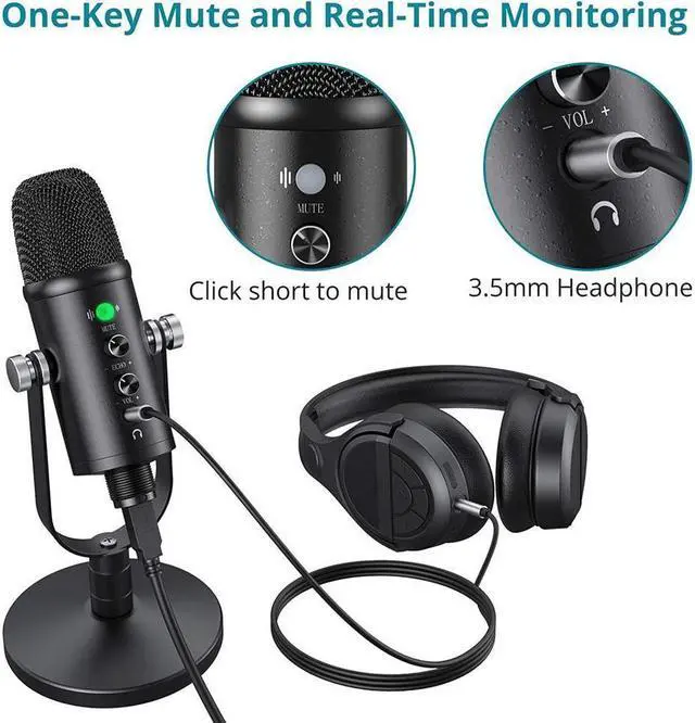 Alt view image 3 of 7 - BONAEVER USB Microphone Cardioid USB Microphone Condenser Microphone PC Gaming Computer Microphone with Round Support for Standreaming Podca Standing Vocal Recording
