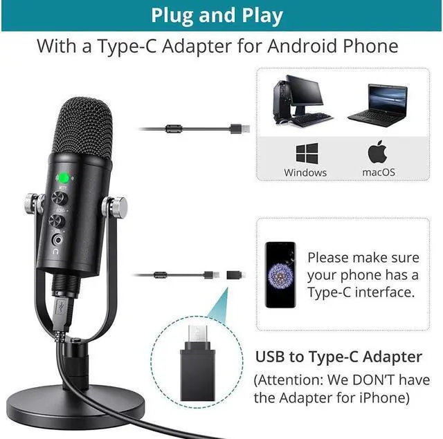 Alt view image 4 of 7 - BONAEVER USB Microphone Cardioid USB Microphone Condenser Microphone PC Gaming Computer Microphone with Round Support for Standreaming Podca Standing Vocal Recording