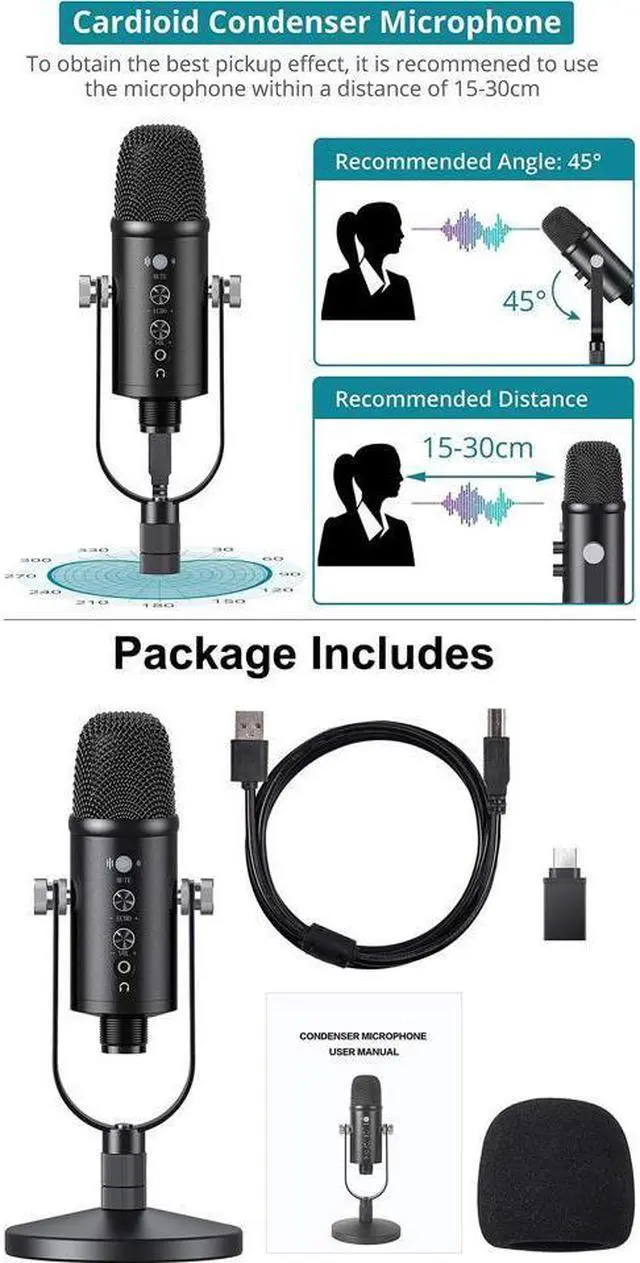 Alt view image 7 of 7 - BONAEVER USB Microphone Cardioid USB Microphone Condenser Microphone PC Gaming Computer Microphone with Round Support for Standreaming Podca Standing Vocal Recording