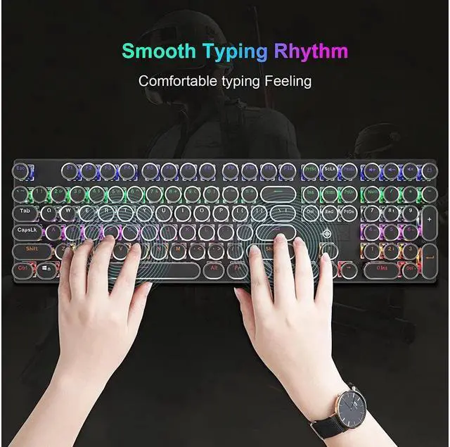 Alt view image 4 of 7 - BONAEVER Mechanical Gaming Keyboard Typewriter RGB Backlit Keyboard 108 Retro Round Keycaps Wired Mechanical Keyboard with Blue Switch for Desktop Computer PC