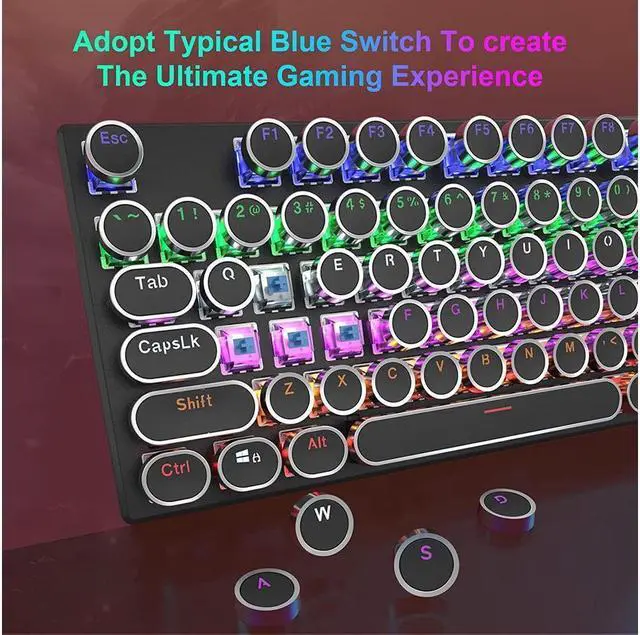 Alt view image 3 of 7 - BONAEVER Mechanical Gaming Keyboard Typewriter RGB Backlit Keyboard 108 Retro Round Keycaps Wired Mechanical Keyboard with Blue Switch for Desktop Computer PC