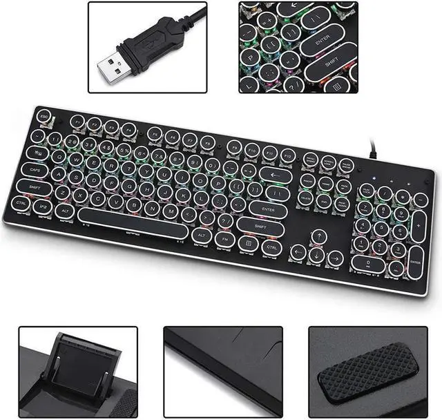 Alt view image 4 of 7 - BONAEVER USB LED Backlit Retro Typewriter Mechanical Keyboard -Blue Switch - Round Keycaps -104 Keys Gaming Keyboard Mechanical Gaming Keyboard PC/Mac/Gamer