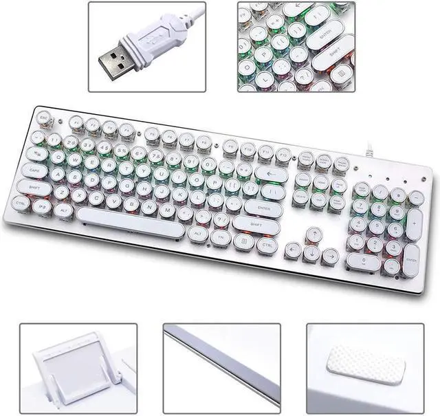 Alt view image 4 of 7 - BONAEVER USB LED Backlit Retro Typewriter Mechanical Keyboard -Blue Switch - Round Keycaps -104 Keys Gaming Keyboard Mechanical Gaming Keyboard for PC/Mac/Gamer