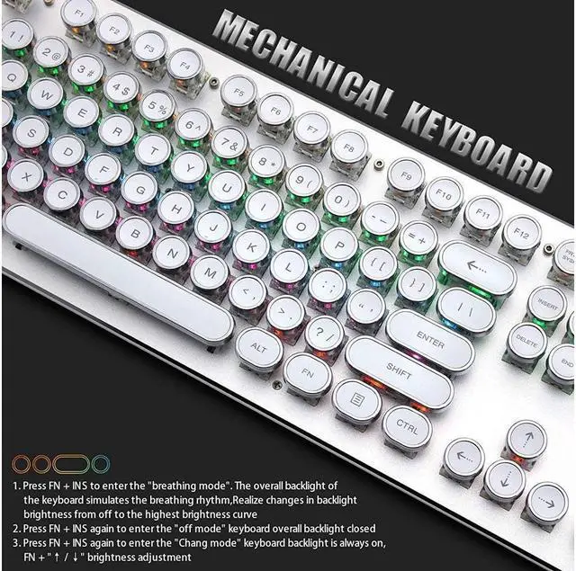 Alt view image 7 of 7 - BONAEVER USB LED Backlit Retro Typewriter Mechanical Keyboard -Blue Switch - Round Keycaps -104 Keys Gaming Keyboard Mechanical Gaming Keyboard for PC/Mac/Gamer