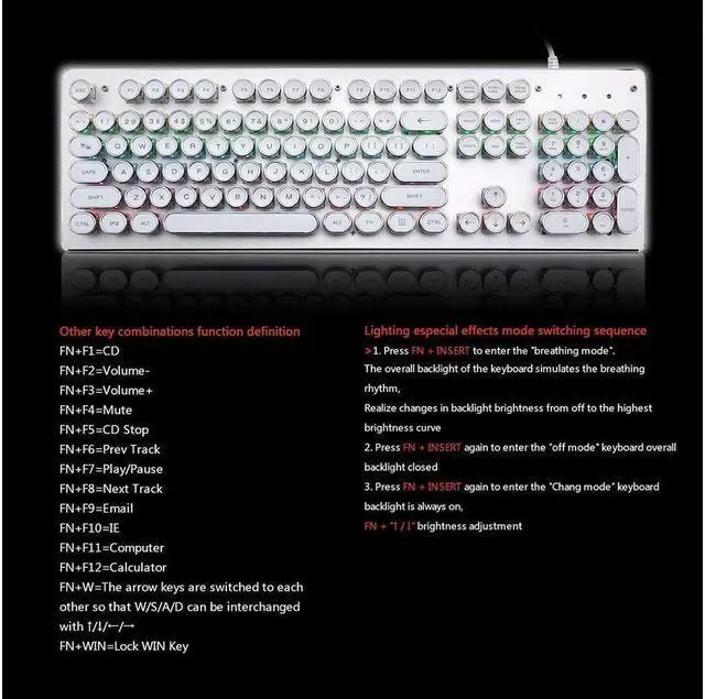 Alt view image 6 of 7 - BONAEVER USB LED Backlit Retro Typewriter Mechanical Keyboard -Blue Switch - Round Keycaps -104 Keys Gaming Keyboard Mechanical Gaming Keyboard for PC/Mac/Gamer