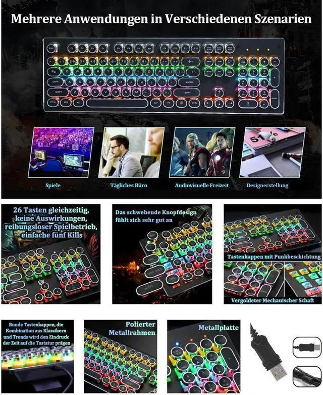Alt view image 5 of 7 - BONAEVER Mechanical Gaming Keyboard Geeklin Typewriter Rainbow RGB Backlit Keyboard Round Keycaps Wired Mechanical Keyboard Blue Switch for Desktop Computer PC