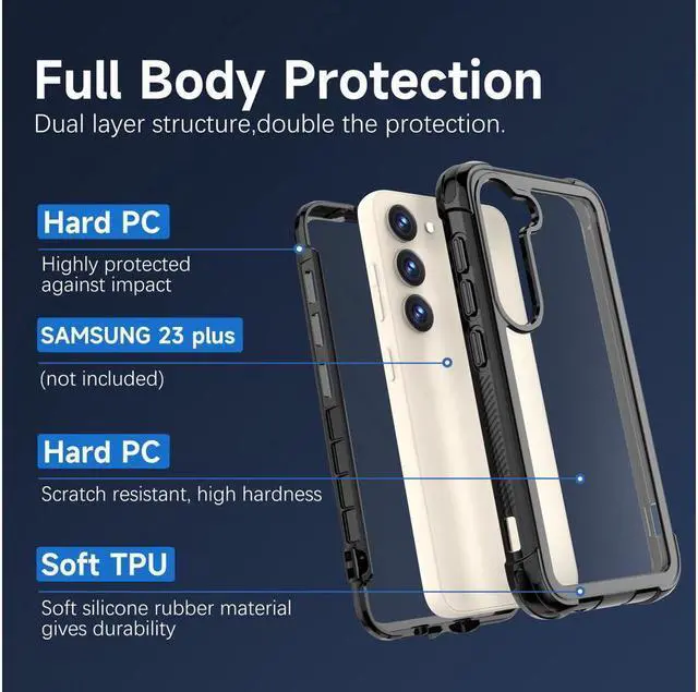Alt view image 2 of 7 - BONAEVER For Samsung Galaxy S23 Plus Case with Built in Screen Protector Military Grade Protection Shockproof Protective Cover Black