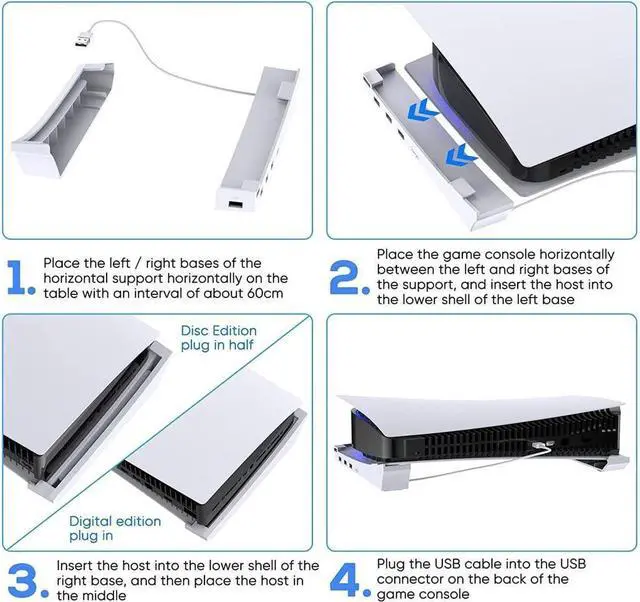 Alt view image 6 of 7 - BONAEVER Horizontal Stand for PS5 with 4 USB Extension Cabinet Console Laydown Holder with Charging Data USB Hub For Play Station 5 Disc & Digital Edition Console