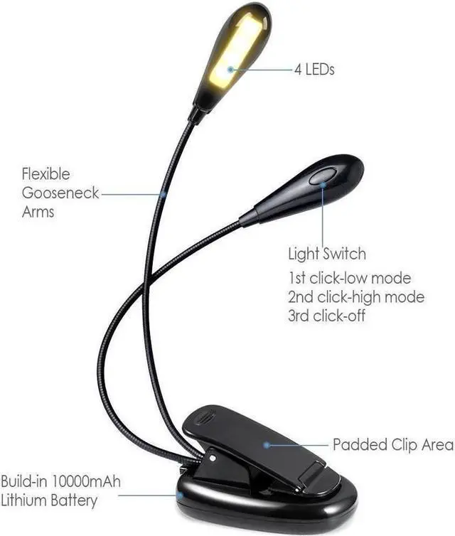 Alt view image 3 of 7 - BONAEVER Rechargeable LED Book Light Dimmable Clip On Reading Lamp for Bed Shelves Kindle