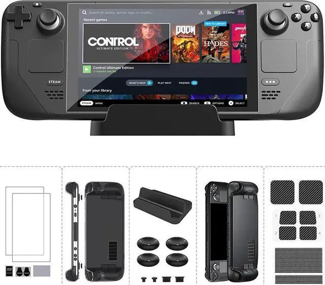 Main image of BONAEVER 7 in 1 Accessories Bundle for Valve Steam Deck 2 Glass Screen Protector 1 Dock Stand 4 Thumb Grip 1 Du Stand Filter Kit 6 Button Skin 1 Protective Cover TPU Clear Case