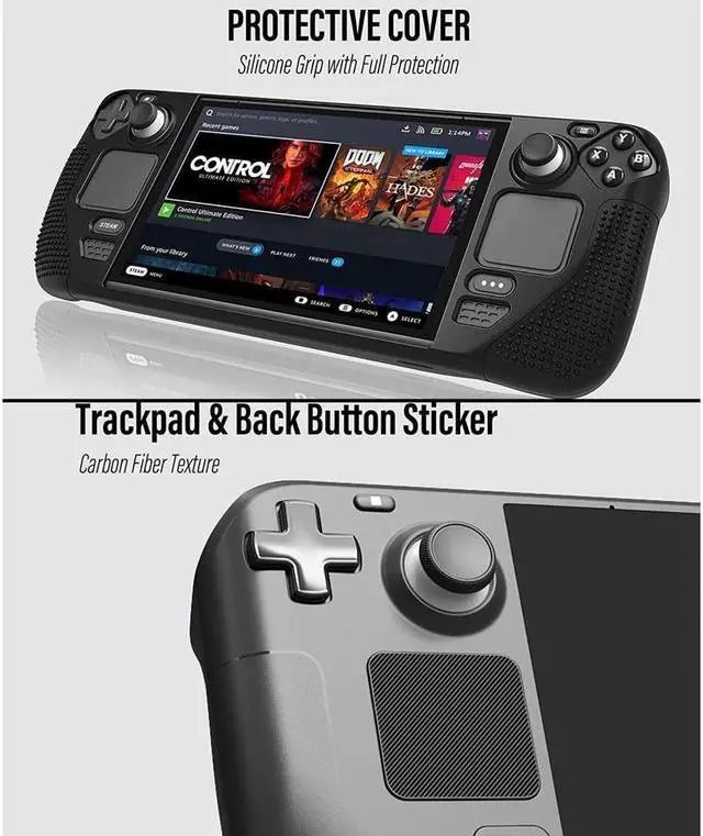 Alt view image 5 of 7 - BONAEVER 7 in 1 Accessories Bundle for Valve Steam Deck 2 Glass Screen Protector 1 Dock Stand 4 Thumb Grip 1 Du Stand Filter Kit 6 Button Skin 1 Protective Cover TPU Clear Case