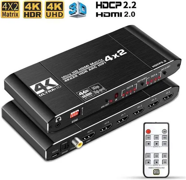 Main image of BONAEVER 4K@60Hz 4x2 HDMI Audio Extractor Matrix Switch Splitter with Optical Toslink SPDIF+Coaxial+3.5mm Audio Out+IR Remote Supports HDCP2.2 HDMI2.0 Ultra HD 3D ARC EDID HDR for PS5 Xbox