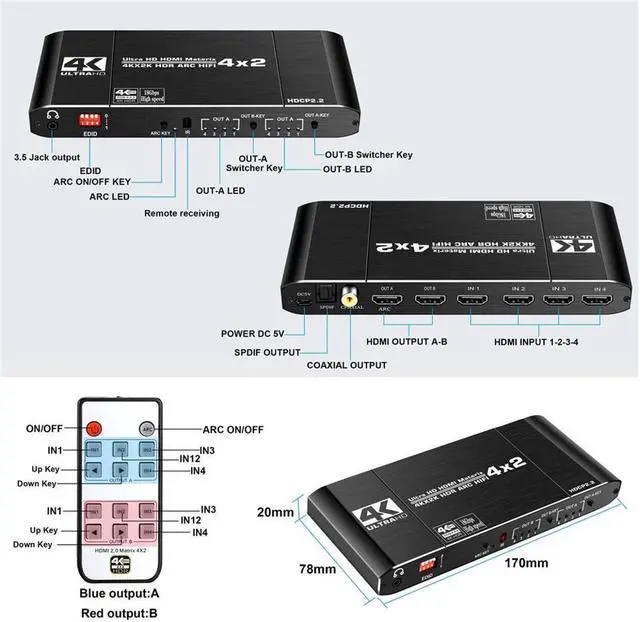 Alt view image 6 of 7 - BONAEVER 4K@60Hz 4x2 HDMI Audio Extractor Matrix Switch Splitter with Optical Toslink SPDIF+Coaxial+3.5mm Audio Out+IR Remote Supports HDCP2.2 HDMI2.0 Ultra HD 3D ARC EDID HDR for PS5 Xbox
