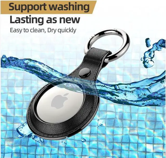 Alt view image 3 of 7 - BONAEVER [2 Pack] Airtag Holder Waterproof & Airtag Keychain Leather Air Tag Case Protective Tracker with Loop Key Ring for Apple AirTags Airtag Cover for WalletLuggageCatDogPets