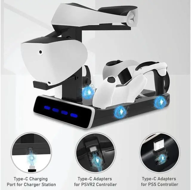 Alt view image 3 of 7 - BONAEVER 5-in-1 PSVR2 Charging Station Stand for Play Station VR2 PS5 Controller Charging Dock Station with VR Headset Display Stand 4 Controller Charger Station LED Indicators