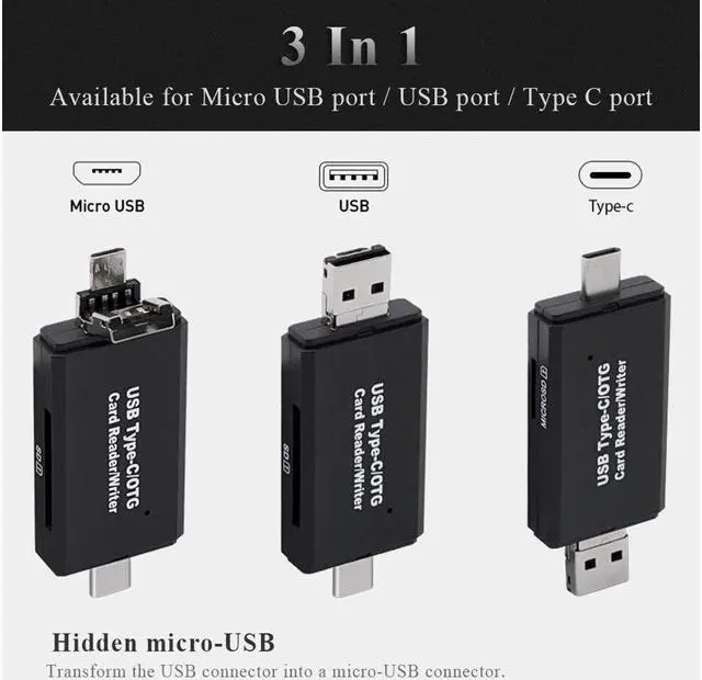 Alt view image 3 of 7 - 3 in 1 Memory Card Reader, Micro USB/USB/USB C to SDXC, SDHC, SD, MMC, RS-MMC, Micro SDXC, Micro SD, Micro SDHC Card and UHS-I, YC-3202