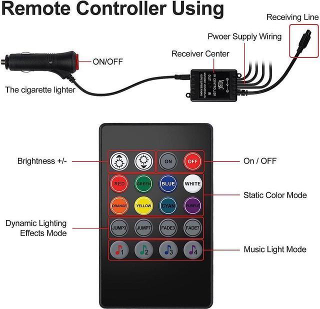 Alt view image 5 of 7 - Car Interior Lights 4pcs 36 LED Car Floor Atmosphere Glow Neon lights Multi-Color Music Car LED Strip Lights Decorative Underdash Lighting Kit with Sound Active function Wireless Remote Control DC 12V