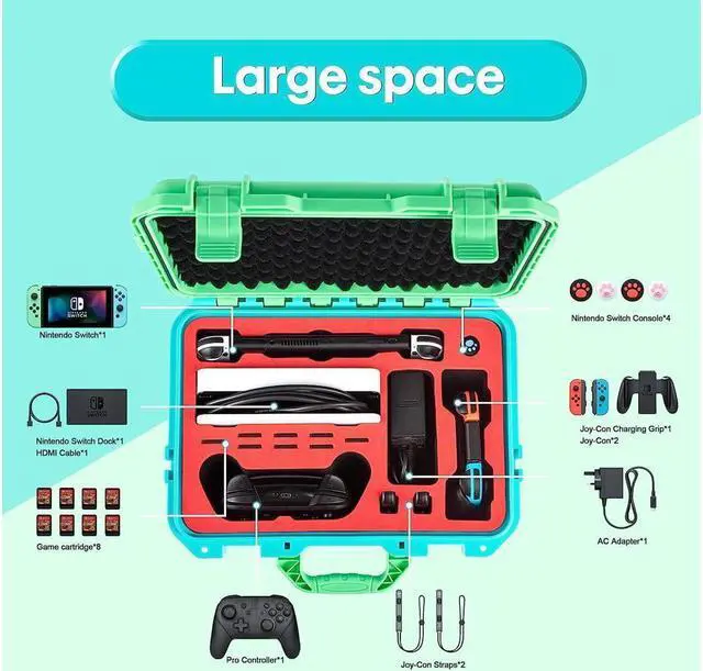 Alt view image 2 of 7 - BONAEVER Carrying Case for Nintendo Switch Travel Case Professional Deluxe Waterproof Case Soft Lining Hard Case for Nintendo Switch OLED Model Console Pro Controller & Accessories