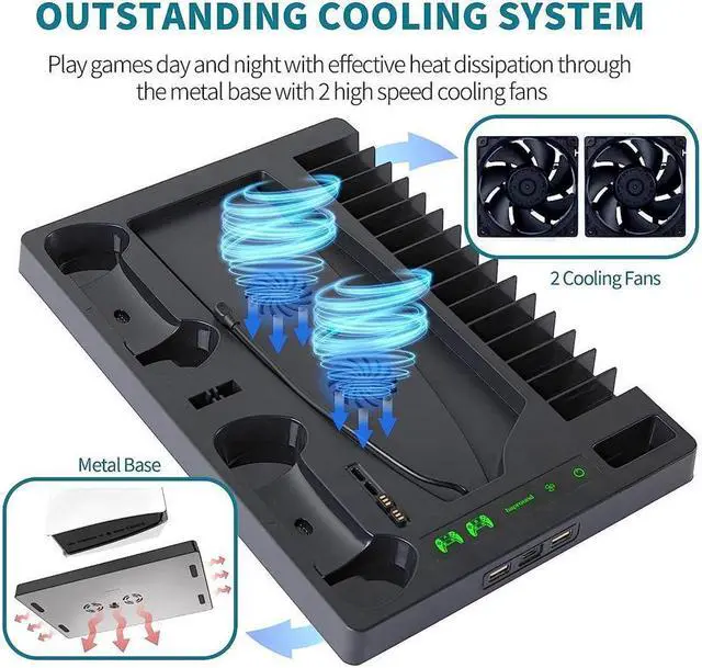 Alt view image 2 of 7 - Vertical Stand with Cooling Fan for PS5 Console and PS5 Digital Edition, PS5 Dualsense Charging Station, Charging Station Dock with Dual Controller Charger Ports and Retractable Game Storage for PS5