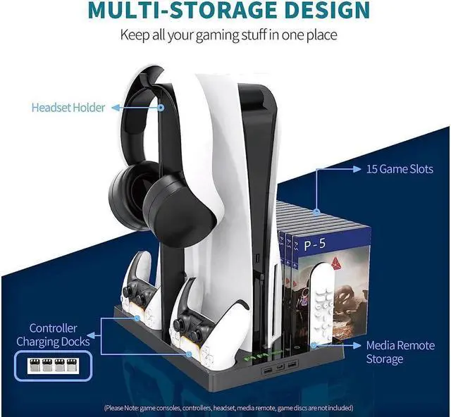 Alt view image 5 of 7 - Vertical Stand with Cooling Fan for PS5 Console and PS5 Digital Edition, PS5 Dualsense Charging Station, Charging Station Dock with Dual Controller Charger Ports and Retractable Game Storage for PS5