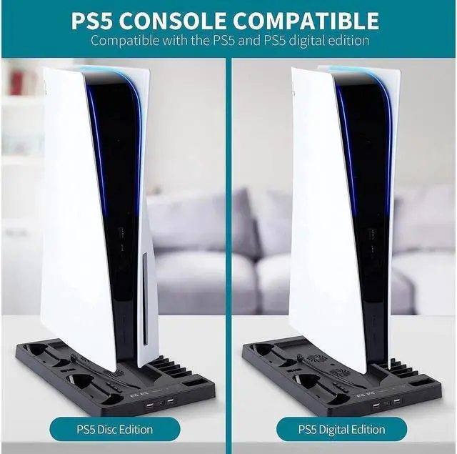 Alt view image 4 of 7 - Vertical Stand with Cooling Fan for PS5 Console and PS5 Digital Edition, PS5 Dualsense Charging Station, Charging Station Dock with Dual Controller Charger Ports and Retractable Game Storage for PS5