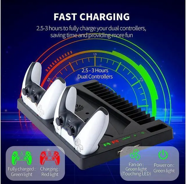 Alt view image 3 of 7 - Vertical Stand with Cooling Fan for PS5 Console and PS5 Digital Edition, PS5 Dualsense Charging Station, Charging Station Dock with Dual Controller Charger Ports and Retractable Game Storage for PS5