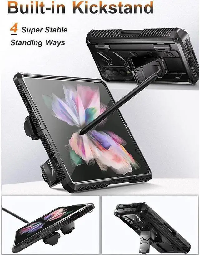 Alt view image 4 of 7 - BONAEVER For Samsung Galaxy Z Fold 3 5G Case with S Pen Holder Built-in Stand Screen Protector Camera & Hinge Protection 360° Protection Phone Cover