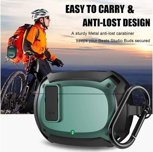 Alt view image 4 of 6 - Beats Studio Buds Case Cover 2021, Secure Lock Hard Rugged Cool Shockproof Protective Case Cover for Beats Studio Buds Wireless Earbuds Case Accessories with Keychain Carabiner for Men Women Green