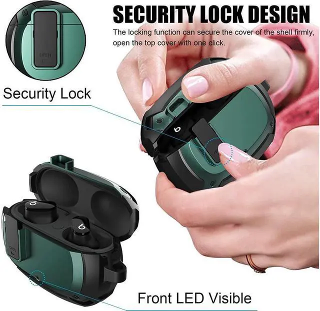 Alt view image 3 of 6 - Beats Studio Buds Case Cover 2021, Secure Lock Hard Rugged Cool Shockproof Protective Case Cover for Beats Studio Buds Wireless Earbuds Case Accessories with Keychain Carabiner for Men Women Green