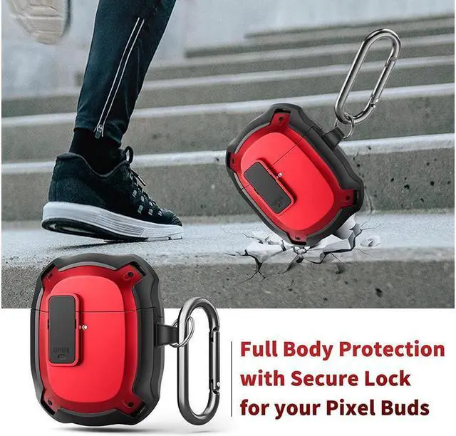 Alt view image 4 of 7 - BONAEVER Compatible with Google Pixel Buds A Case Cover [Front LED Visible] Shockproof Protective Case with Keychain Secure Lock Design Hard PC Case Cover for Pixel Buds A 2021 Red