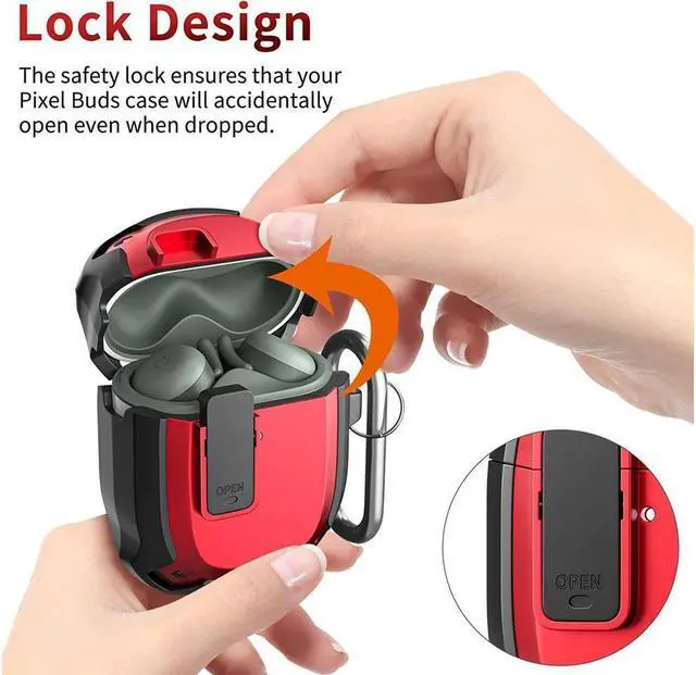 Alt view image 6 of 7 - BONAEVER Compatible with Google Pixel Buds A Case Cover [Front LED Visible] Shockproof Protective Case with Keychain Secure Lock Design Hard PC Case Cover for Pixel Buds A 2021 Red