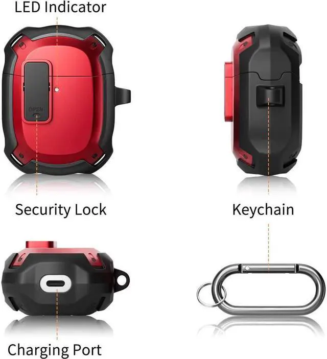 Alt view image 5 of 7 - BONAEVER Compatible with Google Pixel Buds A Case Cover [Front LED Visible] Shockproof Protective Case with Keychain Secure Lock Design Hard PC Case Cover for Pixel Buds A 2021 Red