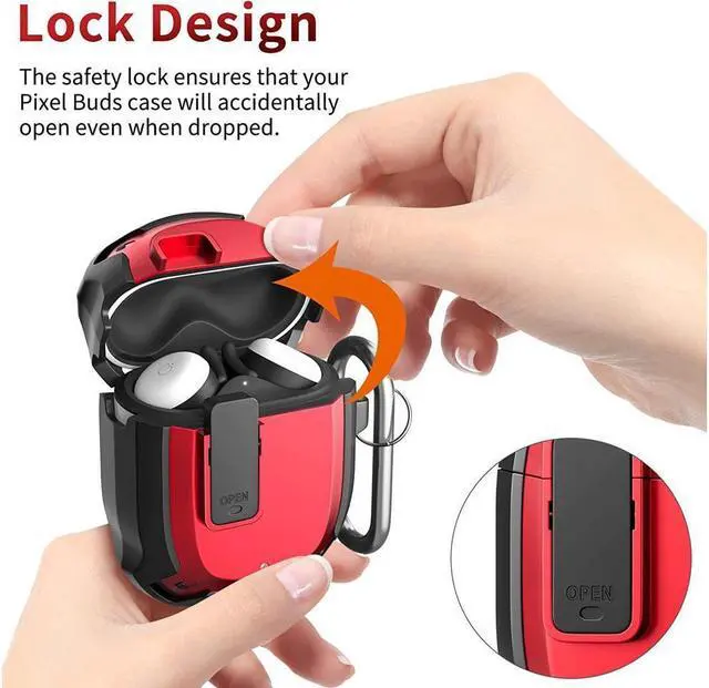 Alt view image 6 of 7 - BONAEVER Compatible with Google Pixel Buds 2 Case Cover [Front LED Visible] Shockproof Protective Case with Keychain Secure Lock Design Hard PC Case Cover for Pixel Buds 2 2020 Red