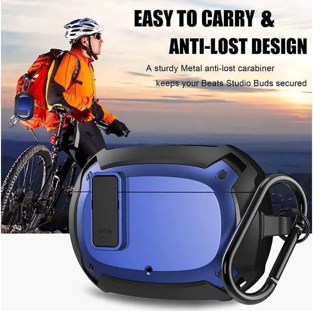 Alt view image 4 of 6 - Beats Studio Buds Case Cover 2021, Secure Lock Hard Rugged Cool Shockproof Protective Case Cover for Beats Studio Buds Wireless Earbuds Case Accessories with Keychain Carabiner for Men Women Blue