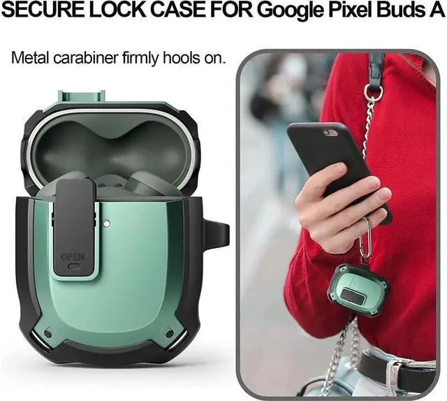 Alt view image 5 of 6 - BONAEVER Compatible with Google Pixel Buds A Case Cover [Front LED Visible] Shockproof Protective Case with Keychain Secure Lock Design Hard PC Case Cover for Pixel Buds A 2021 Green