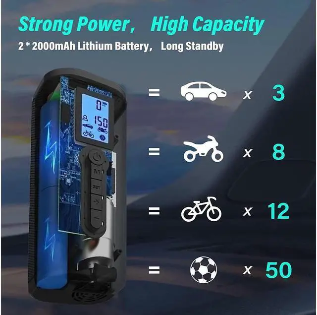 Alt view image 2 of 7 - BONAEVER 150 PSI Tire Inflator Portable Air Compressor Bicycle Pump With Digital Pressure Gauge LED Light Mini Rechargeable Tire Pump Electric Air Pump For Car Bike Motorcycle Balls
