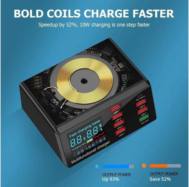 Alt view image 6 of 7 - BONAEVER Quick Charge 3.0 8-Port USB Fast Charger100W USB hub Fast Charging Station Compatible with All Phone ipadQC 3.0 PD Fast Charger 10W Max Fast Wireless Charging