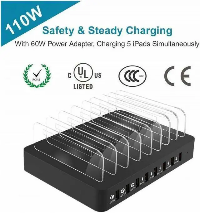 Main image of BONAEVER 110W 8 Ports USB Charger Hub QC 3.0 Fast Charging Station Dock with Dividers For iPhone iPad Air/Mini Samsung Galaxy LG Standylo Google Pixel Kindle